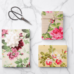 Vintage illustrations of roses on neutral base wrapping paper sheet