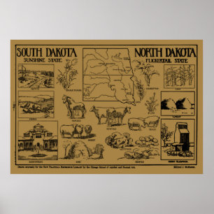 Vintage Illustrative Map of The Dakotas (1912) Poster