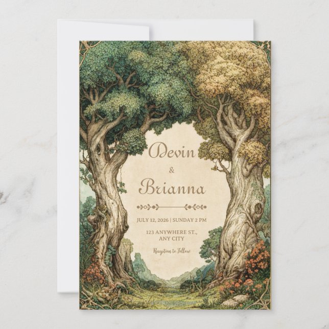 Vintage Illustrative Woodland Archway Wedding Invitation (Front)