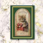 Vintage Image Tabby Kitten Christmas Gift Card<br><div class="desc">The front of this Christmas greeting card features a beautiful vintage image of an adorable tabby kitten sitting on a red gift box with a bow. The matching text says "Christmas JOY". The image is bordered in dark green with a gold and green frame. The inside of the card has...</div>