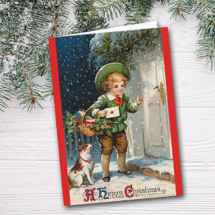 Vintage Image Victorian Delivery Boy Christmas Holiday Card