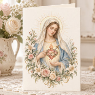 Vintage Immaculate Heart of Mary Floral Catholic Card