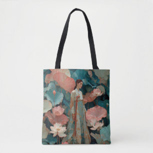 Vintage Impasto Hanbok and Pink Lotus Tote Bag
