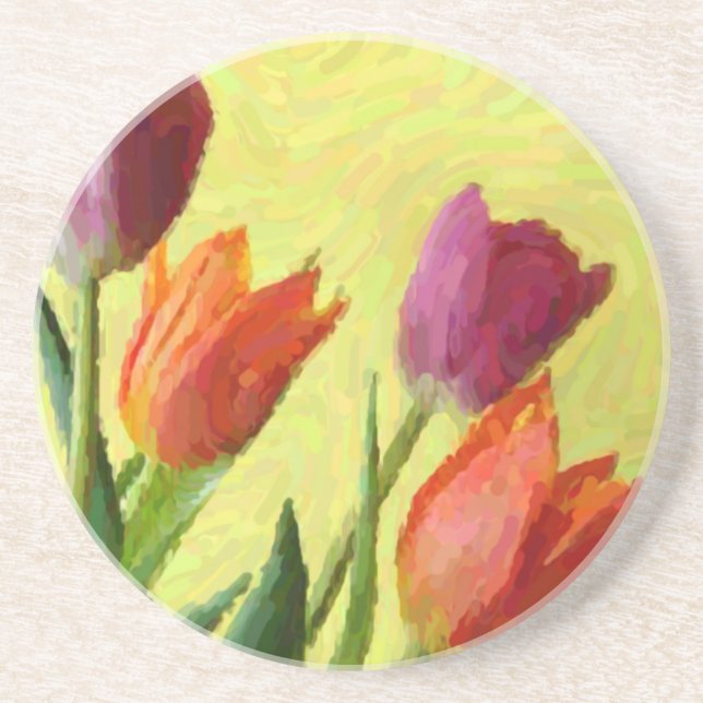 Vintage Impressionist Tulips Sandstone Coaster (Front)