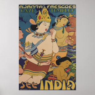 Vintage India Ajanta Caves Travel Poster Temple