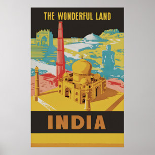 Vintage India Travel Poster Taj Mahal Qutub Minar