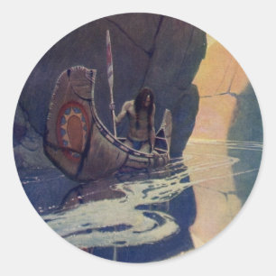 Vintage Indian Canoe Paddling Sun Classic Classic Round Sticker