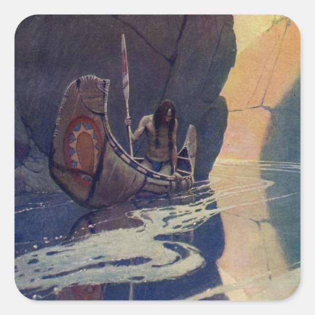 Vintage Indian Canoe Paddling Sun Classic Square Sticker (Front)