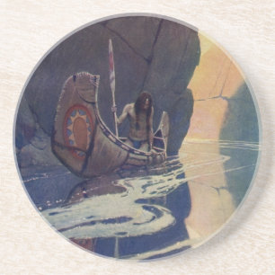 Vintage Indian Canoe Paddling with Sun Symbol Coaster