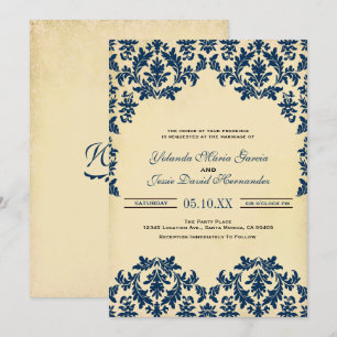 Vintage Indigo, Damask Wedding Invitation