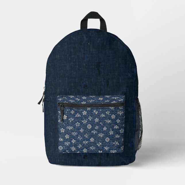 Vintage Indigo Japanese Floral Layered Printed Backpack (Front)