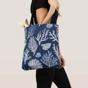Vintage Indigo Navy Blue Coastal Coral & Seashells Tote Bag