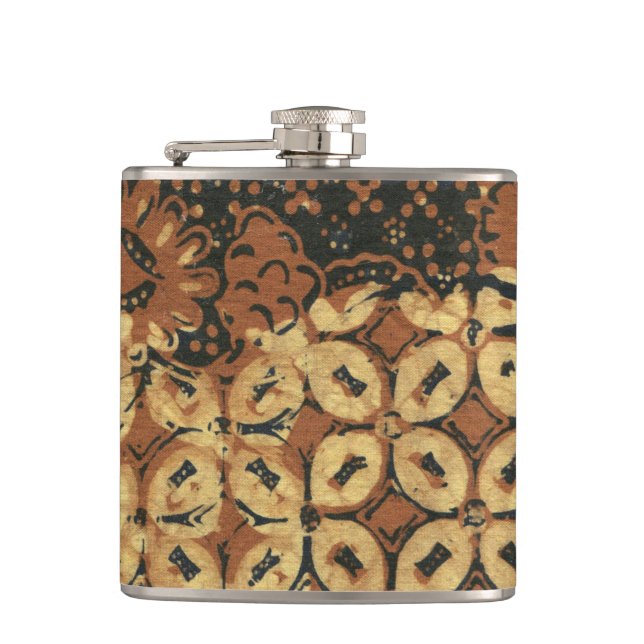 Vintage Indonesian Batik Kawung Pattern Rustic Hip Flask (Front)