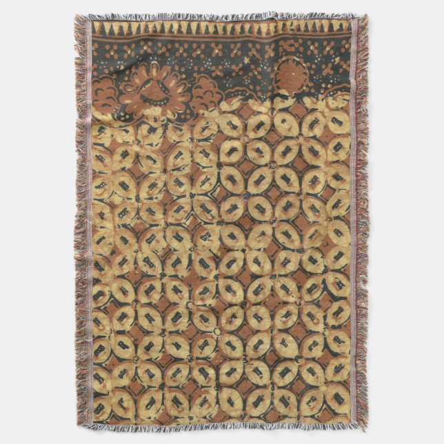 Vintage Indonesian Batik Kawung Pattern Rustic Throw Blanket (Front Vertical)