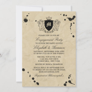 Vintage Ink Stain Monogram Crest Engagement Party Invitation