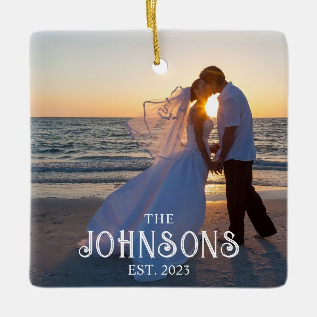 Vintage Inline Text Wedding Photo Ceramic Ornament (Front)