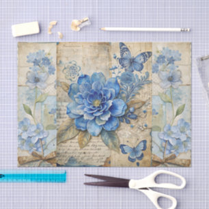 Vintage Inspired Blue Floral Collage Scrapbook Tissue Paper