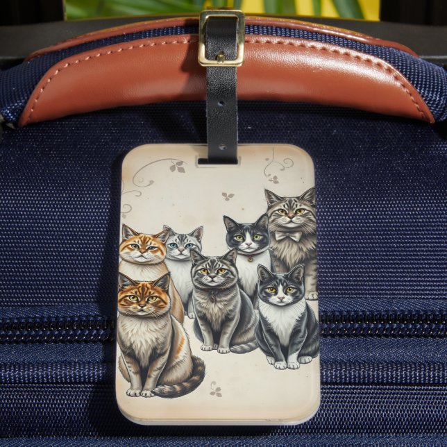 Vintage-Inspired Cat Family Portrait Luggage Tag (Front Insitu 2)