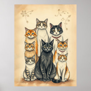 Vintage-Inspired Cat Family Portrait Poster