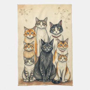 Vintage-Inspired Cat Family Portrait Tea Towel