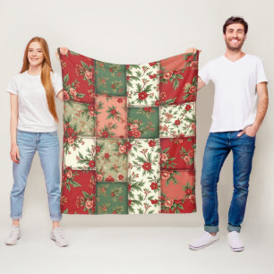 Vintage Inspired Christmas Florals Quilt Pattern Fleece Blanket