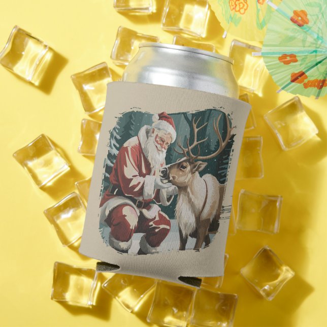 Vintage Inspired Christmas Retro Santa Reindeer  Can Cooler (In Situ Summer)