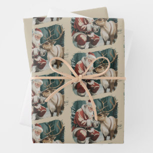 Vintage Inspired Christmas Retro Santa Reindeer  Wrapping Paper Sheet