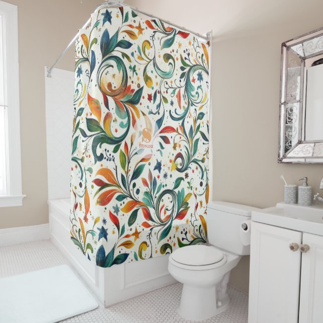 Vintage-Inspired Colourful Paisley Leaf Pattern Shower Curtain (In Situ)