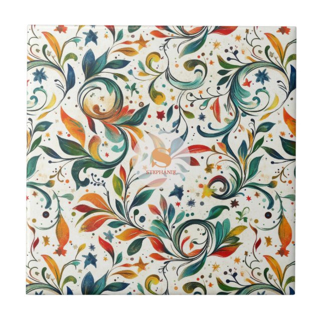 Vintage-Inspired Colourful Paisley Leaf Pattern Tile (Front)