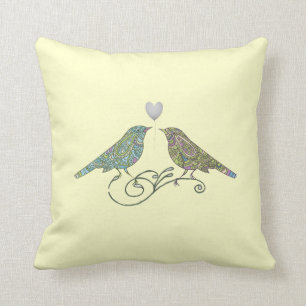 Vintage Inspired Cute Love Birds Yellow Green Blue Cushion