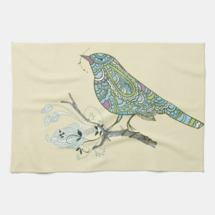 Vintage Inspired Cute Patterned Bird On A Branch Tea Towel