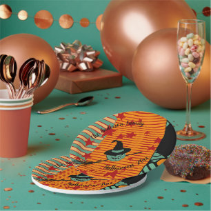 Vintage-Inspired Dusty Teal Retro Pumpkin & Witch  Paper Plate