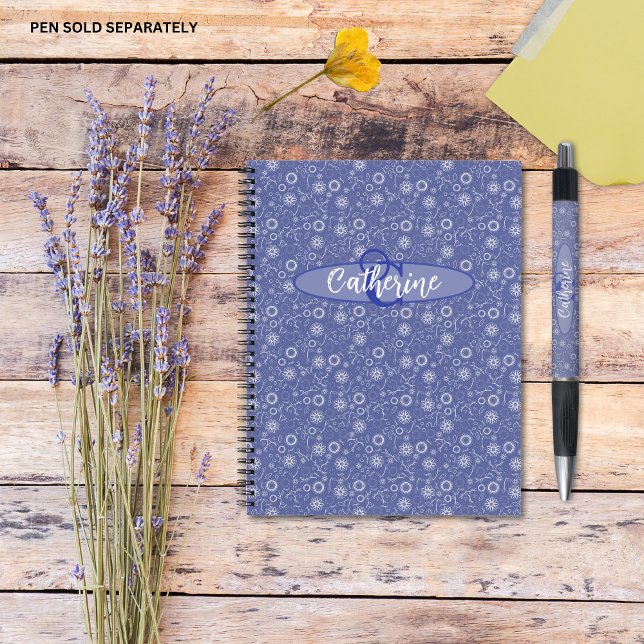 Vintage Inspired Elegant Blue Floral Notebook (Vintage Inspired Elegant Blue and White Lace-Effect Floral Personalised Notebook.)