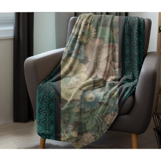 Vintage Inspired Floral Burlap and Dark Teal  Fleece Blanket