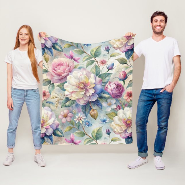 Vintage Inspired Floral Pattern Fleece Blanket (In Situ)