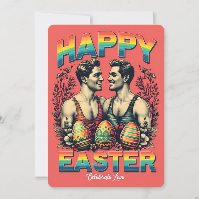 Vintage-Inspired Gay Couple Artwork Easter Card (Front)