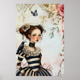 Vintage Inspired Goth Girl Watercolor Roses Raven Poster