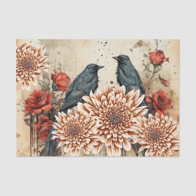 Vintage Inspired Gothic Red Roses Raven Tissue Paper (Front)