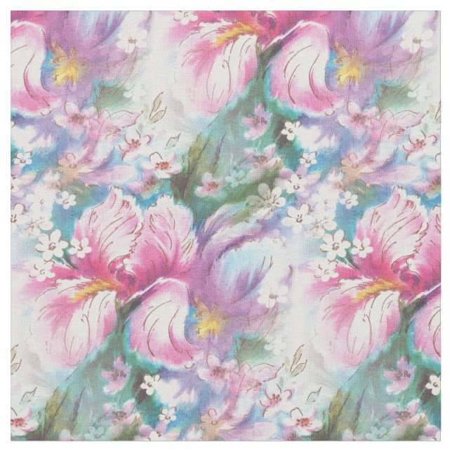 Vintage Inspired Iris Flowers Pink Print Fabric (Close Up)