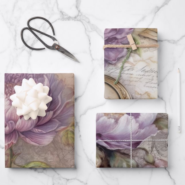 Vintage Inspired Lavender Peonies Wrapping Paper Sheet (Front)