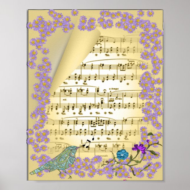 Vintage Inspired Music Bird Floral Poster Print (Front)