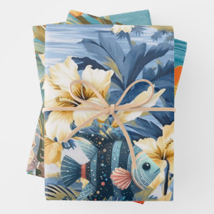 Vintage Inspired Ocean Floral & Fish  Wrapping Paper Sheet