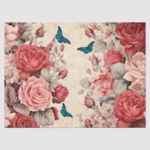 Vintage Inspired Pink and Red Roses Butterflies Tissue Paper