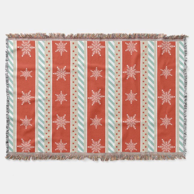 Vintage Inspired Red Mint Snowflakes Pattern Throw Blanket (Front)