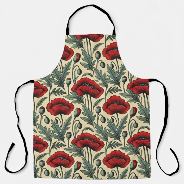 Vintage-Inspired Red Poppies Pattern Apron (Front)