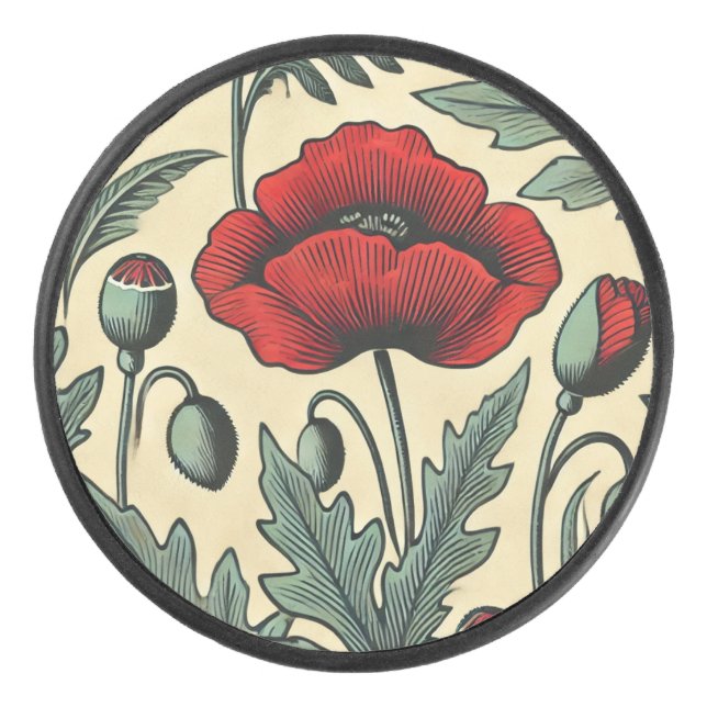 Vintage-Inspired Red Poppies Pattern  Hockey Puck (Front)