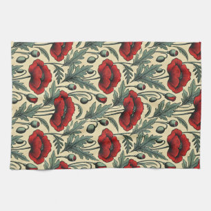 Vintage-Inspired Red Poppies Pattern Tea Towel