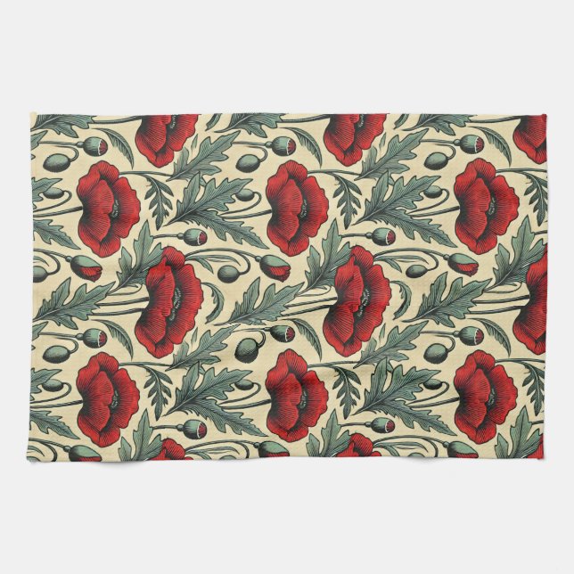 Vintage-Inspired Red Poppies Pattern Tea Towel (Horizontal)