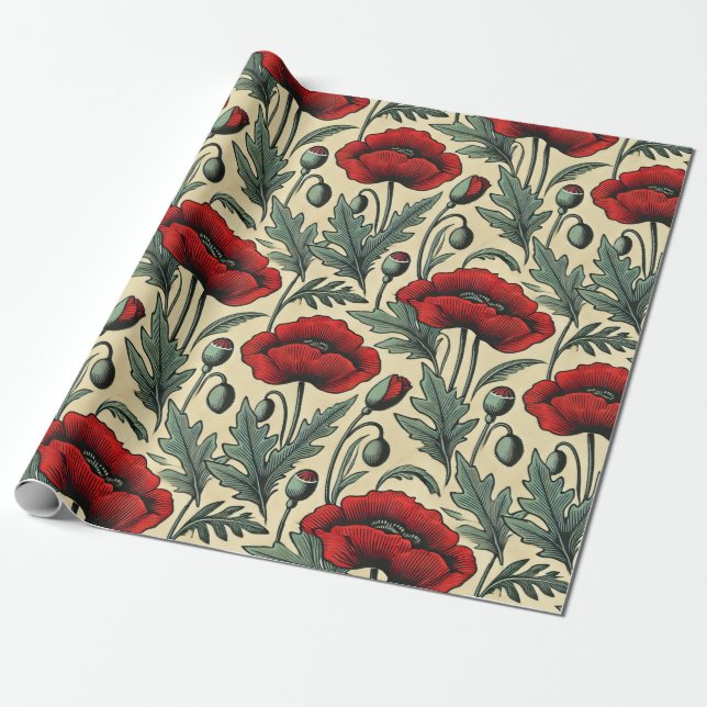 Vintage-Inspired Red Poppies Pattern  Wrapping Paper (Unrolled)