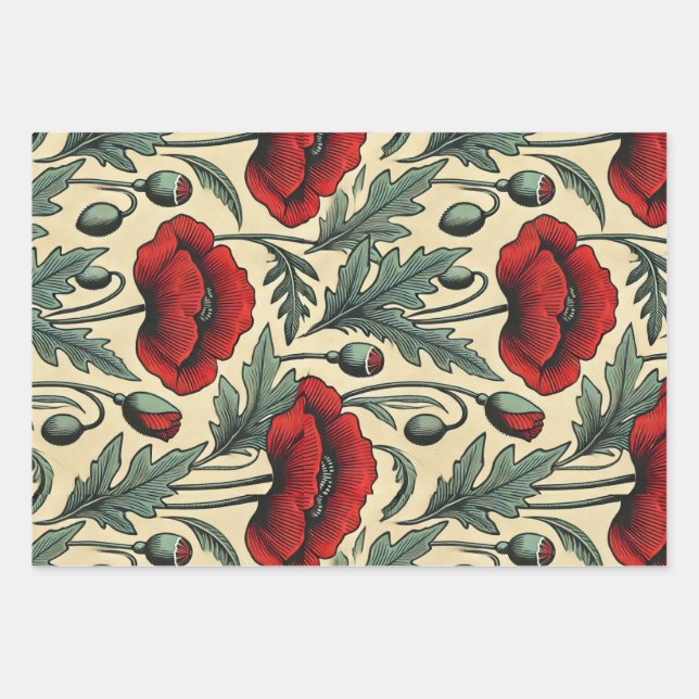 Vintage-Inspired Red Poppies Pattern  Wrapping Paper Sheet (Front)
